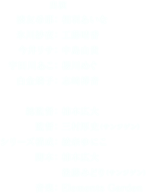 出演 湊友希那：相羽あいな 氷川紗夜：工藤晴香 今井リサ：中島由貴 宇田川あこ：櫻川めぐ   白金燐子：志崎樺音 総監督：柿本広大 監督：三村厚史（サンジゲン）   シリーズ構成：綾奈ゆにこ 脚本：柿本広大　後藤みどり（サンジゲン） 音楽：Elements Garden